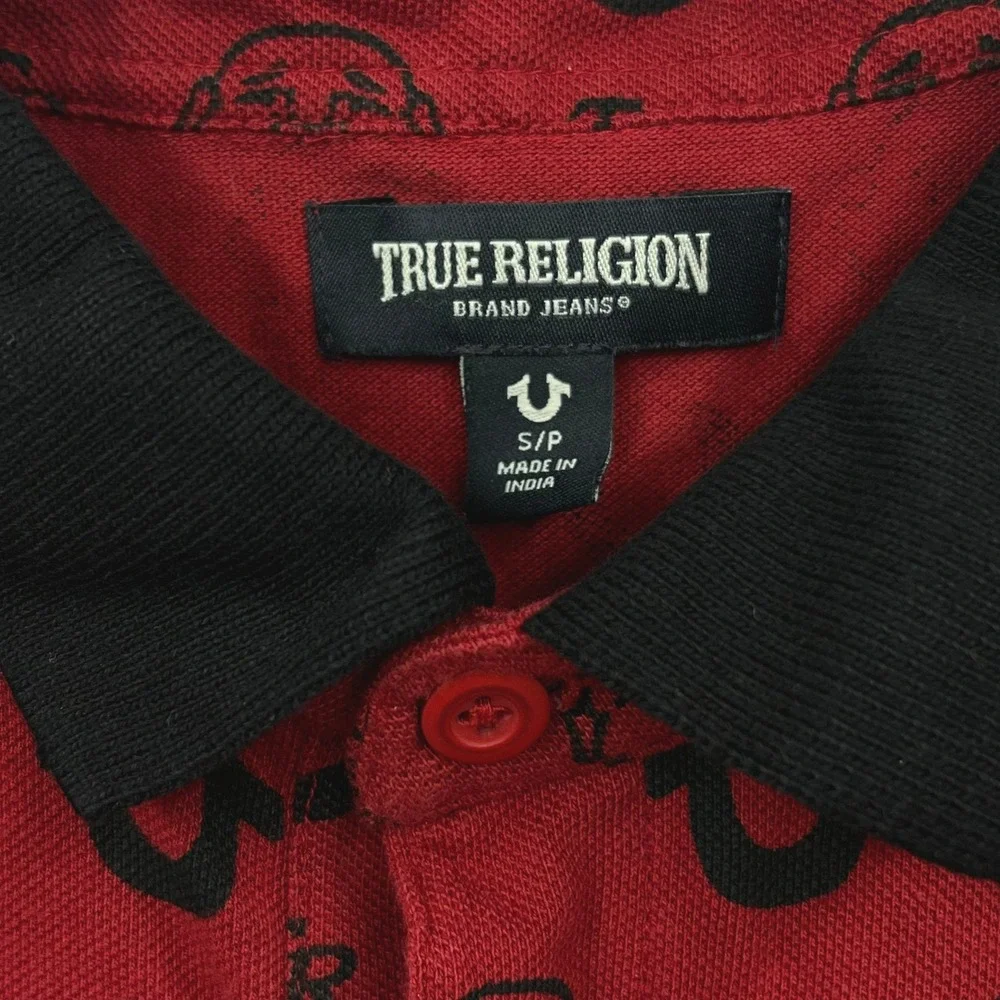 True Religion AOP Monogram Polo Shirt Mens S Red Dahlia Black Preppy Streetwear